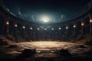 Antique arena podium for battles, marble columns, moon and night, ancient Rome