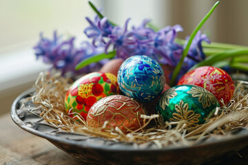 Fototapeta na wymiar AI generated illustration of colorful Easter eggs in a rustic bowl on a wooden table