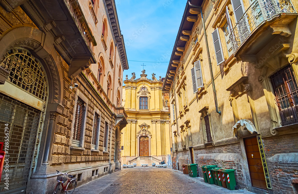 Sticker Via Volturno street with San Filippo Neri Church, Lodi, Italy