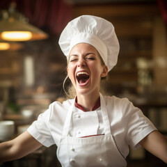 A joyful female chef in white uniform and hat laughing heartily in a warmly lit kitchen setting