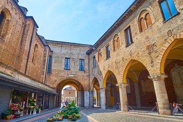 Architecture of tiny Piazza Broletto, Lodi, Italy