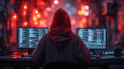 "Programmeur ou hacker travaillant tard : Vue de dos devant les moniteurs d'ordinateur"