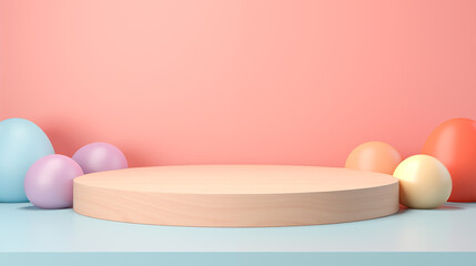 Fototapeta premium Easter Eggs Wooden Platform Empty Blank Plate Podium Pedestral Table Stand Mockup Product Display Showcase Wood Surface Podest Pastel Holiday Rabbit Colorful Rose Purple Soft Flower Green Mint Rose