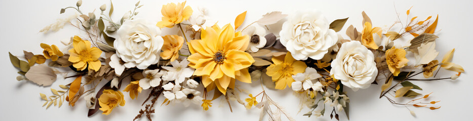 a picture of yellow and white flowers on a white background, in the style of pastel color palette