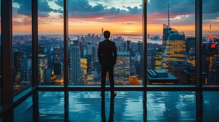 Fototapeta na wymiar Businessman Overlooking Cityscape at Sunset