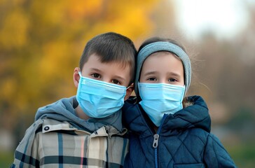 Two young children, a boy and a girl, stand close together, faces partially covered by protective medical masks, against a blurred backdrop of golden autumn leaves
