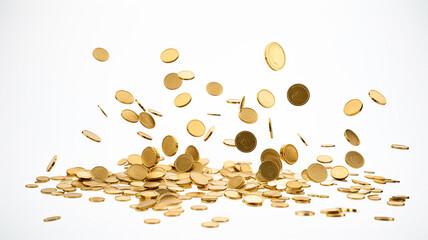 Gold coins falling or flying with white background - obrazy, fototapety, plakaty