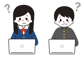 パソコンを操作している学生。オンライン授業で勉強をする女の子と男の子。悩んでいる表情。