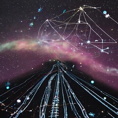 Dreamlike representation of a celestial train traveling through the galaxy, with constellations forming the tracks in the cosmic expanse.