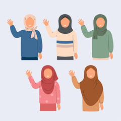Fototapeta premium Faceless hijab girl waving hand vector illustration collection