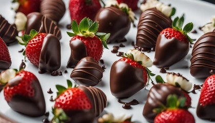 delicious chocolate covered strawberries in porcelain, top view, wide angle view 
 - obrazy, fototapety, plakaty