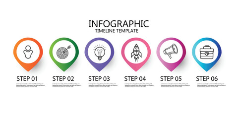 Business process chart infographics with 6 step circles. Circular corporate workflow graphic elements - obrazy, fototapety, plakaty