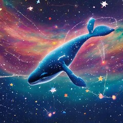 Obraz na płótnie Canvas Dreamlike representation of a cosmic whale swimming through a sea of galaxies, with its tail leaving trails of stardust.