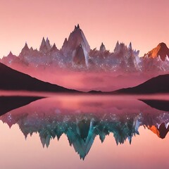 Otherworldly image of a mountain range with peaks made of crystal formations, reflecting the colors of the setting sun.