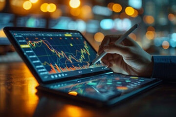 A detailed analysis scene with a financial expert reviewing a series of stock market growth graphs on a tablet, making annotations with a stylus - obrazy, fototapety, plakaty