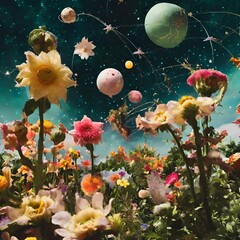 Surreal scene of a celestial garden, where planets and stars take the form of blooming flowers and flying creatures.