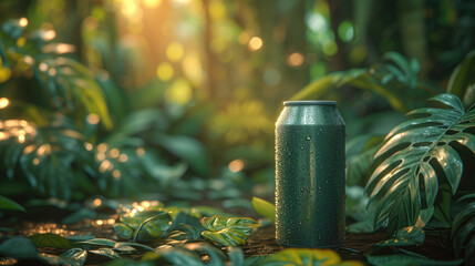 Mockup green aluminum can with water droplet on surface can in tropical forest for product presentation on green background.