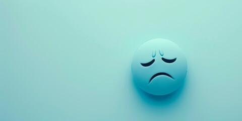 Blue Monday concept. Sad emoji face on light blue background - obrazy, fototapety, plakaty