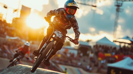 Tuinposter Mountain bike racer rides in a city skate park on a warm summer evening. Teenager in a protective helmet and goggles participates in track race. © Georgii