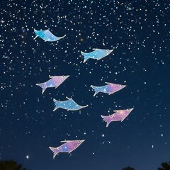 Whimsical scene of a group of flying fish soaring through a starlit sky, leaving trails of sparkling stardust behind them.