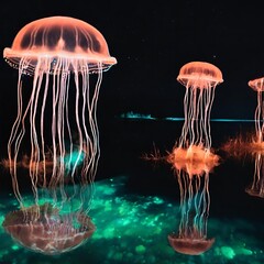 Surreal image of a bioluminescent jellyfish-filled lake at night, with the reflections creating an otherworldly glow.
