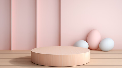 Easter Eggs Wooden Platform Empty Blank Plate Podium Pedestral Table Stand Mockup Product Display Showcase Wood Surface Podest Pastel Holiday Rabbit Colorful Rose Purple 