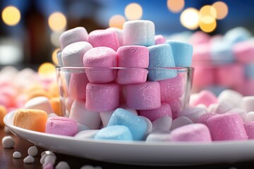Watch out, delicious colorful marshmallows formed sweets on the white white table., generative IA