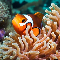 Image showcasing the symbiotic relationship between a clownfish and a sea anemone in a vibrant coral reef ecosystem.
