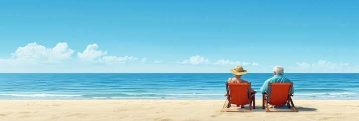 senior Couple enjoying serene beach view from their sunbeds, with vast ocean and clear sky ahead