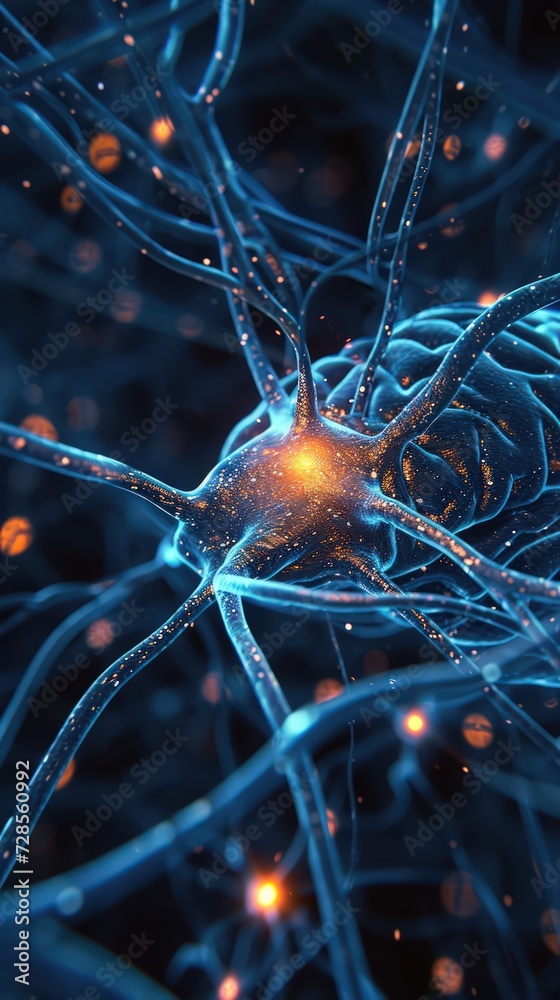 Aufkleber Abstract active neural pathways in brain with electric impulses and synaptic connections