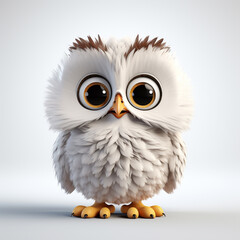 Fototapeta premium Baby owl, full body, from the front, on a white background, owls are efficient hunters, using their extremely sharp eyes and quick movements above all. 3D rendering concept design illustration.