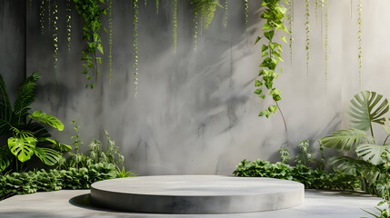 circle concrete podium with hanging plants for a natural feel podium - obrazy, fototapety, plakaty