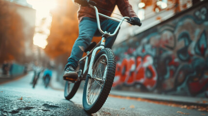 A BMX racer rides down a city street on a warm summer evening, past a graffiti wall. A teenager rides a bicycle in the rays of the setting sun. Cropped shot. - obrazy, fototapety, plakaty