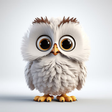 Baby owl, full body, from the front, on a white background, owls are efficient hunters, using their extremely sharp eyes and quick movements above all. 3D rendering concept design illustration.