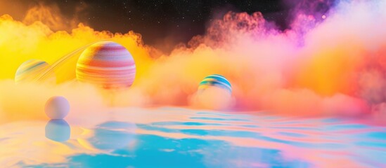 A surreal solar system floats in a colorful haze against a pitch-black backdrop.