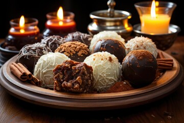 Fototapeta na wymiar Traditional brigadeiro truffles of Brazilian candy with chocolate and coconut in a, generative IA