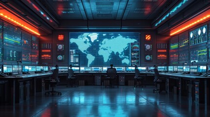 "Salle de contrôle futuriste avec écrans affichant une carte mondiale et panneaux de données, ambiance high-tech et mystérieuse."