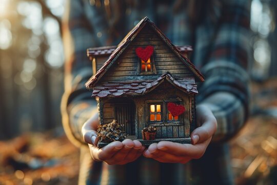 Woman's hands hold a model of a wooden house with a red heart for a happy family. Real estate, sweet home, housewarming, mortgage, and buying a new property concept.