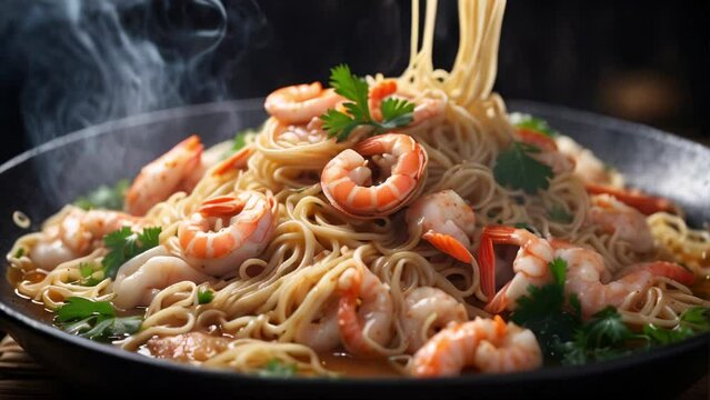 pasta with sauce, vegetables and also shrimp