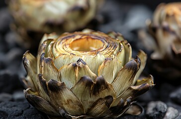 Grilled artichokes display their charred leaves against a backdrop of smoky embers