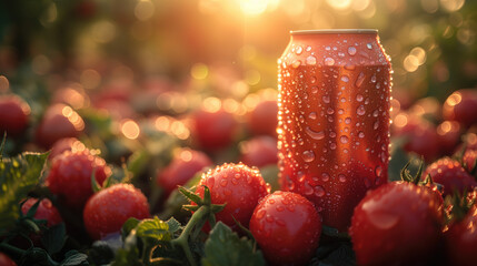 Mockup red aluminum can tomato with water drops on the can surface and tomato surrounding it. tomato farm background for product presentation.
