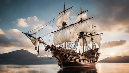 sailing pirate ship, isolated white background
