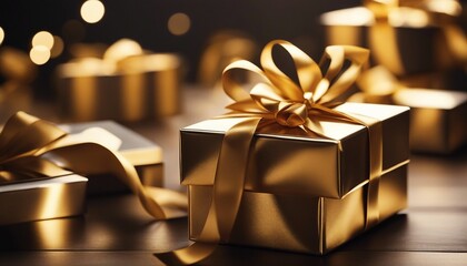 shiny gift boxes covered with golden ribbon, isolated background. copy space for text. - obrazy, fototapety, plakaty
