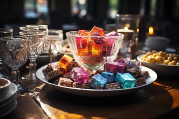 A table full of colored chocolates with a bowl of chocolates in the background., generative IA - Powered by Adobe