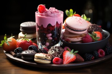 Fototapeta na wymiar A variety of desserts, including chocolate, strawberries and strawberries., generative IA