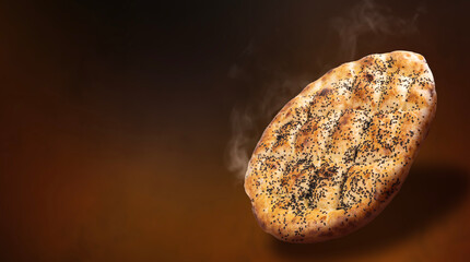 Traditional Ramadan pide in the air, concept idea image of fresh baked just from the oven...