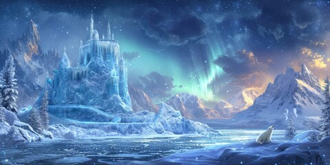 A majestic ice castle stands tall under the captivating aurora borealis, in a magical winter wonderland with a polar bear observing the scene. Resplendent. - obrazy, fototapety, plakaty