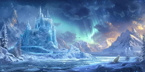 Gordijnen A majestic ice castle stands tall under the captivating aurora borealis, in a magical winter wonderland with a polar bear observing the scene. Resplendent. © Summit Art Creations