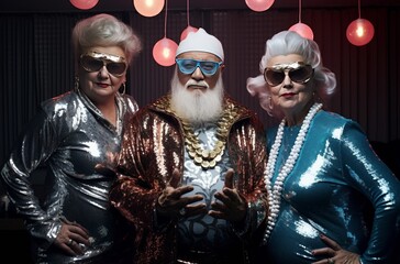 Three seniors exude confidence and style in shimmering disco outfits, complete with accessories, posing under retro lights, embracing the timeless spirit of the disco era