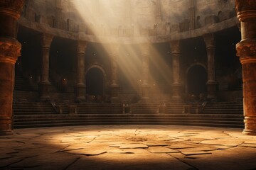 Antique arena podium for battles, marble columns, dust in the air, ancient Rome